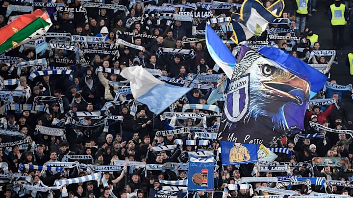 Lazio fans cheer on during the Serie A football match...