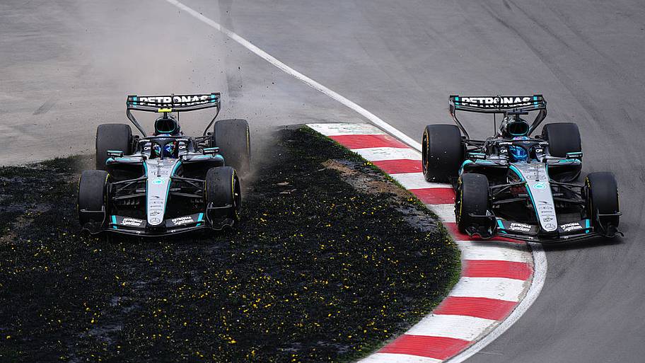Kimi Antonelli avoids colliding into Mercedes teammate George Russell, driving off the track at the Canadian Grand Prix.