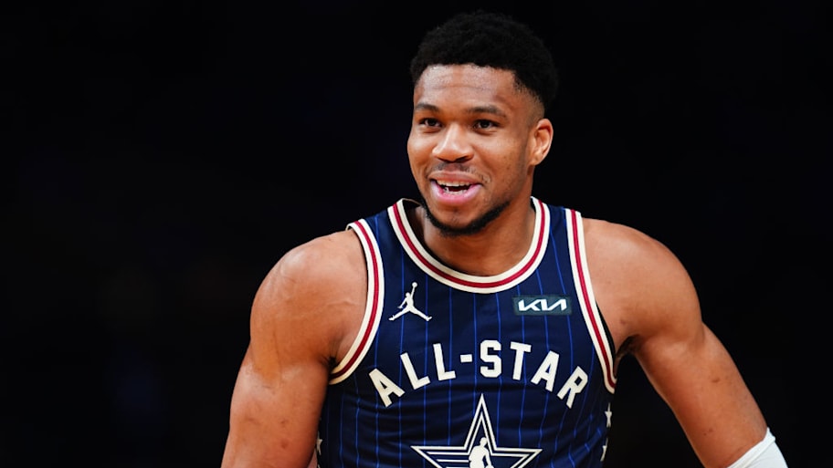 Milwaukee Bucks forward Giannis Antetokounmpo during the All-Star game in February 2024. | Catalina Fragoso/NBAE via Getty Images