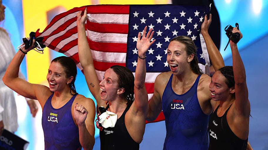 The U.S. women’s medley relay team salvaged an underwhelming meet for the Americans at the 2025 World Aquatics Championships in Singapore. |  Maddie Meyer/Getty Images