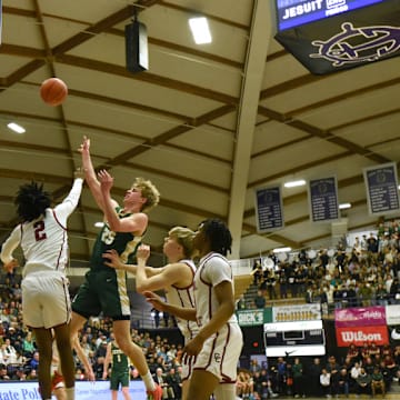 Central Catholic and Jesuit square off in a 6A boys basketball state quarterfinal at the University of Portland's Chiles Center.