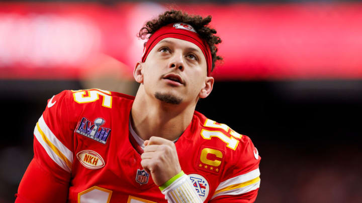 LAS VEGAS, NEVADA - FEBRUARY 11: Patrick Mahomes #15 of the Kansas City Chiefs looks on before Super Bowl LVIII against the San Francisco 49ers at Allegiant Stadium on February 11, 2024 in Las Vegas, Nevada.