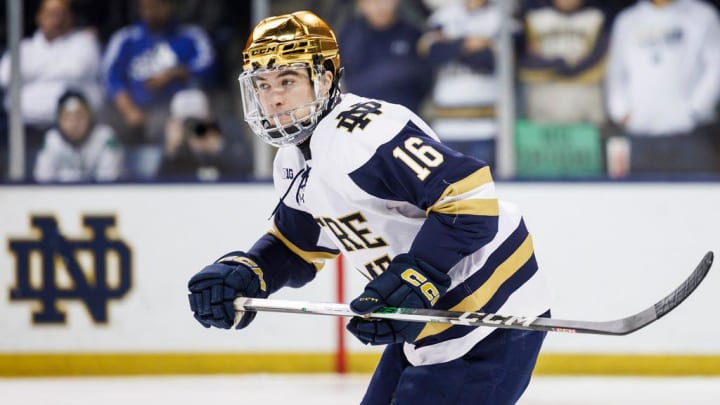 Notre Dame defenseman Paul Fischer (16) during the Penn State-Notre Dame NCAA hockey game on Friday, January 19, 2024, at Compton Family Ice Arena in South Bend, Indiana.