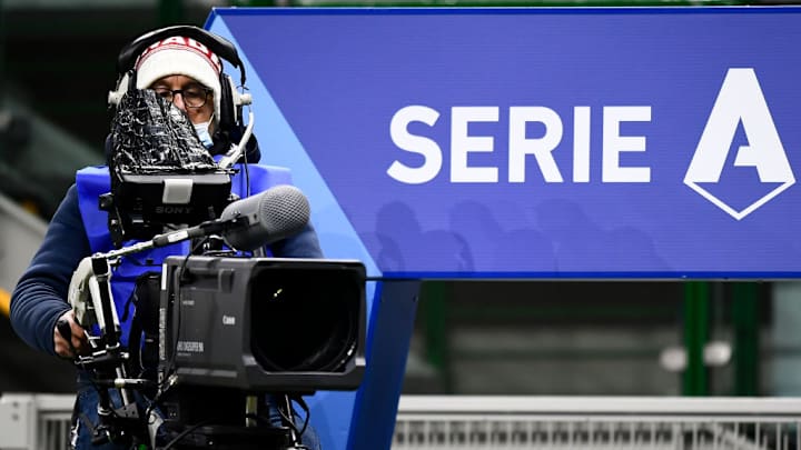 A tv camera is seen during the Serie A football match...
