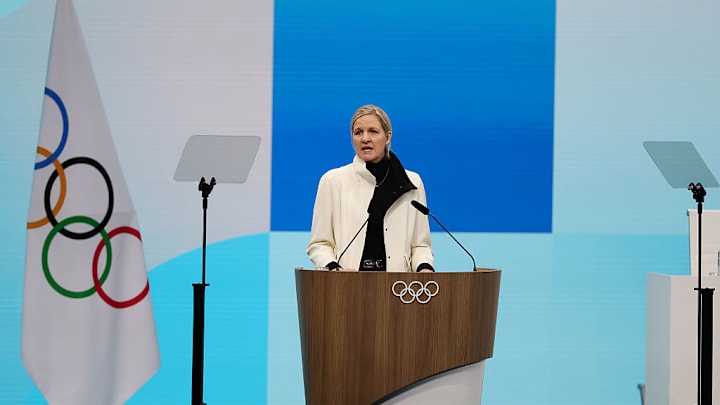 La presidenta Kirsty Coventry, durante la apertura de la 145ª sesión del COI.