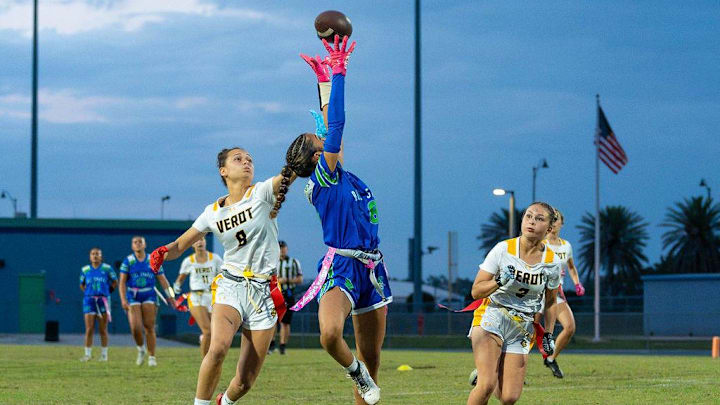 Bishop Verot traveled to Bonita Springs for a girls flag football game on Wednesday, March 5, 2025. The Vikings won 14-7.