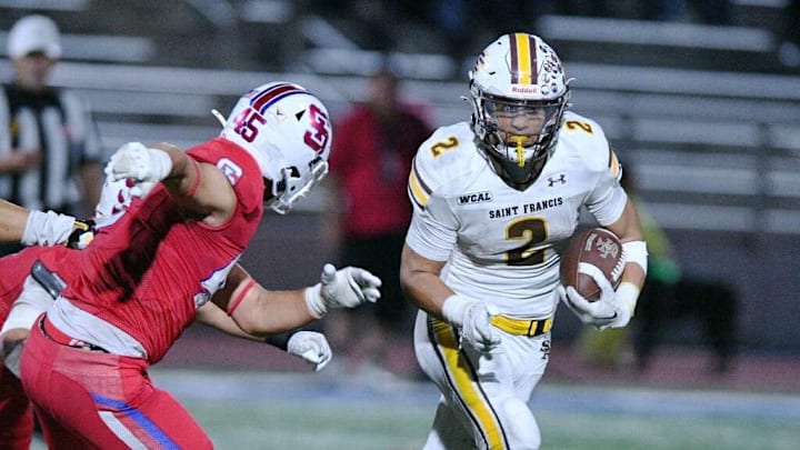 Kingston Keanaaina (2) rushed for 212 yards and three touchdowns in the second half lifting Saint Francis to a 27-13 win at St. Ignatius on Oct. 18, 2024. Kingston Keanaaina (2) rushed for 212 yards and three touchdowns in the second half lifting Saint Francis to a 27-13 win at St. Ignatius on Oct. 18, 2024.