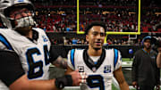 ATLANTA, GEORGIA - JANUARY 05: Bryce Young #9 of the Carolina Panthers celebrates after an NFL football game against the Atlanta Falcons at Mercedes-Benz Stadium on January 5, 2025 in Atlanta, Georgia. 