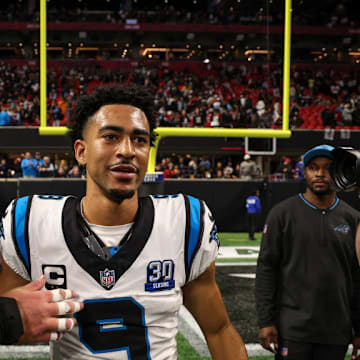 ATLANTA, GEORGIA - JANUARY 05: Bryce Young #9 of the Carolina Panthers celebrates after an NFL football game against the Atlanta Falcons at Mercedes-Benz Stadium on January 5, 2025 in Atlanta, Georgia. 