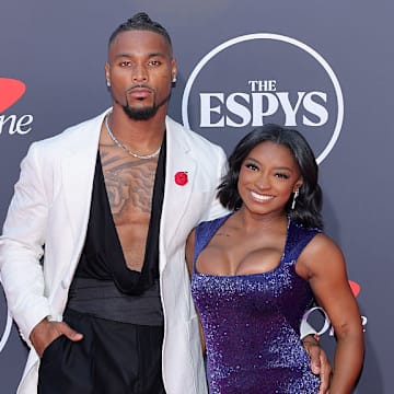Simone Biles donned a custom Athleta gown for the ESPYs, which she attended with husband Jonathan Owens.