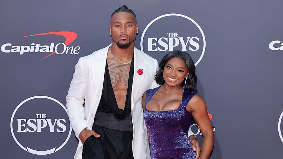 Simone Biles donned a custom Athleta gown for the ESPYs, which she attended with husband Jonathan Owens. | Maya Dehlin Spach/WireImage