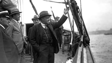 Sir Ernest Shackleton stands on the deck of the ‘Quest’ before it left for Antarctica.