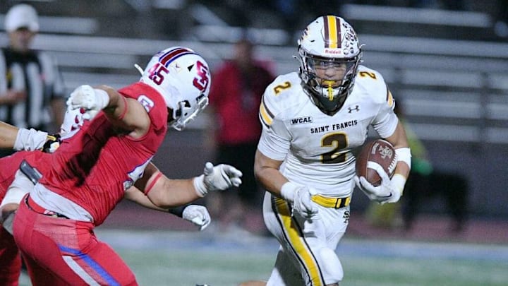 Kingston Keanaaina (2) rushed for 212 yards and three touchdowns in the second half lifting Saint Francis, the No. 4 team in the Central Coast Section according to the SBLive computer rankings, to a 27-13 win at St. Ignatius on Oct. 18, 2024. 