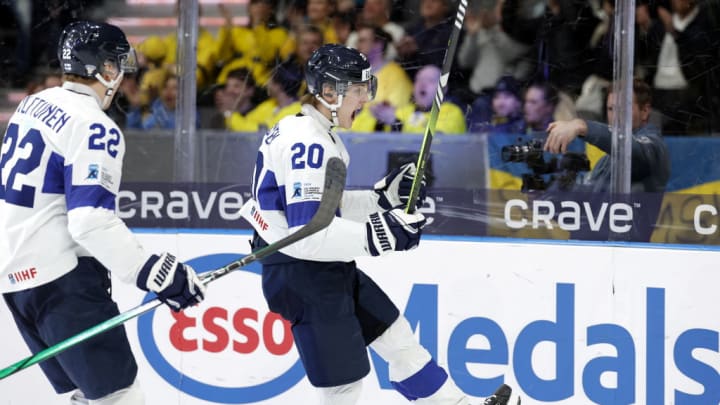 Blue Jacket draft pick Oiva Keskinen (20) celebrates a goal at the World Junior Championships. 