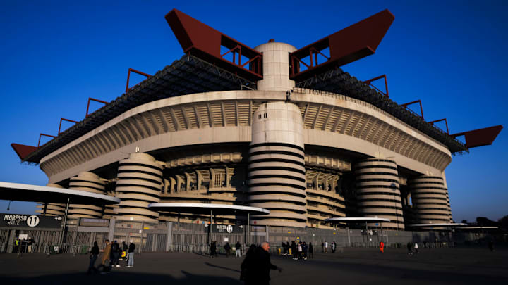 A general view outside Giuseppe Meazza stadium (also known...