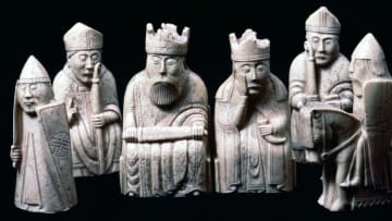 The Lewis Chessmen: a few pieces from a collection of 93 found at Uig on the Isle of Lewis, Outer Hebrides, Scotland. 