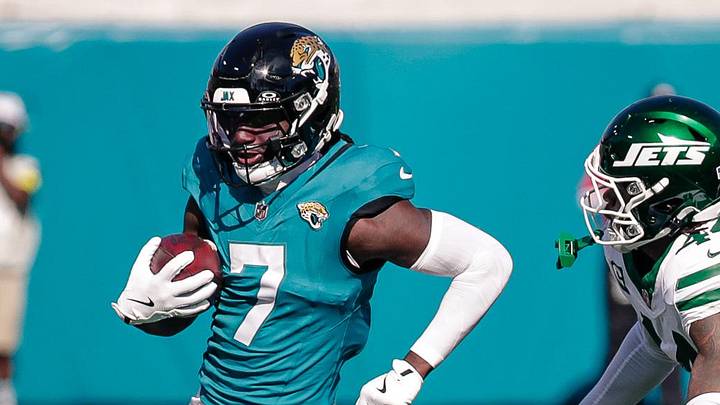 Dec 14, 2025; Jacksonville, Florida, USA;Jacksonville Jaguars wide receiver Brian Thomas Jr. (7) runs after a catch against the New York Jets at EverBank Stadium. 