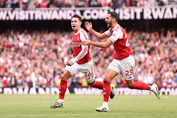 Martín Zubimendi celebrates scoring for Arsenal