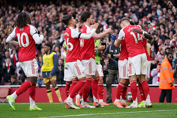 Eberechi Eze, Martin Zubimendi and Viktor Gyökeres of Arsenal