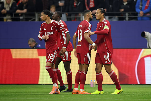 Liverpool celebrate scoring against Eintracht Frankfur