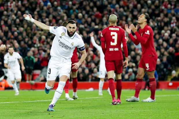 Karim Benzema celebrates scoring at Anfield
