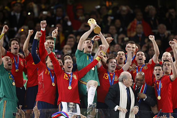 Spain lift the World Cup trophy in 2010