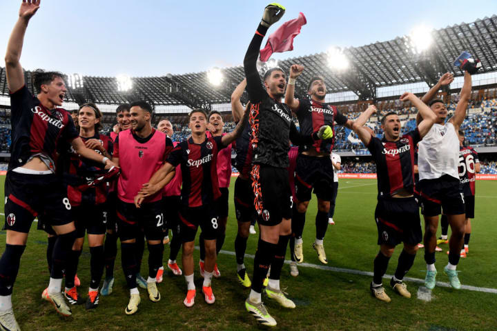 Bologna players celebrate at the end of the Serie A football...