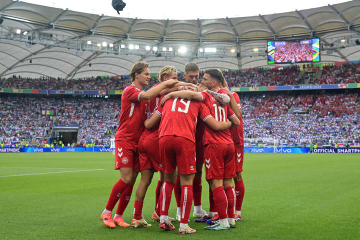 Denmark's players celebrate Christian Eriksen's goal at Euro 2024