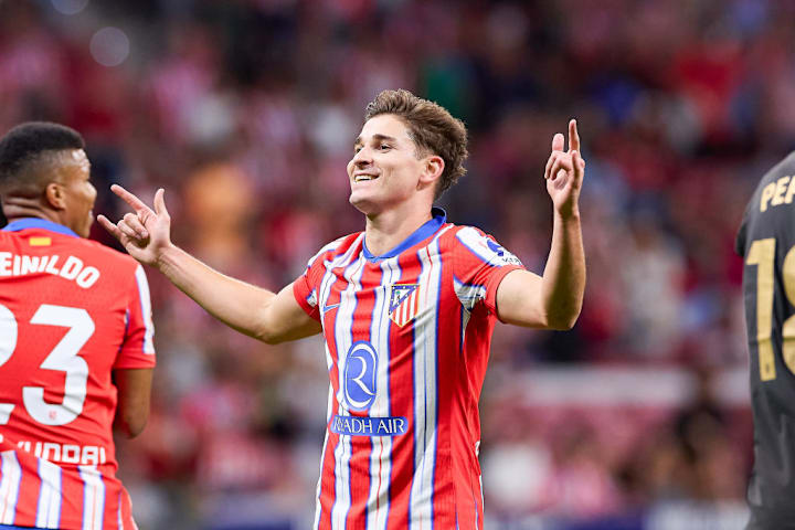 Julian Alvarez of Atletico Madrid celebrates a goal during...