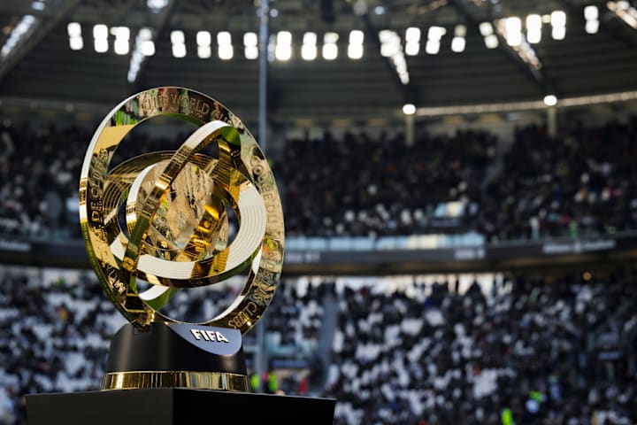 The FIFA Club World Cup trophy is seen in a plint ...