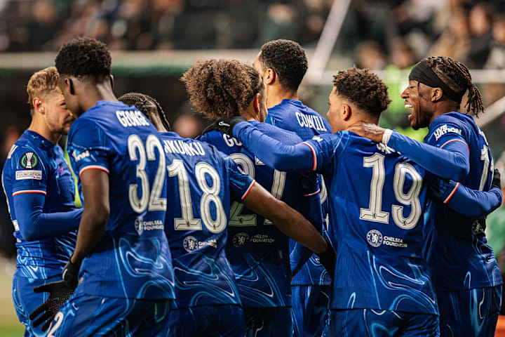 Players of Chelsea celebrate a goal during the UEFA...