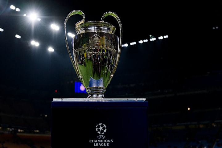 The Champions League trophy is seen prior the UEFA Champions...