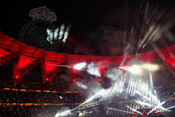 General view inside the stadium show the logos of Real