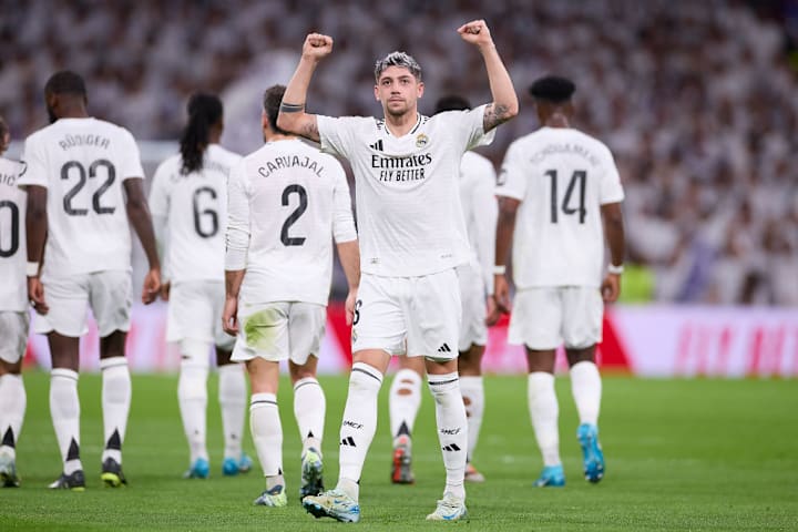 Federico Valverde of Real Madrid CF celebrates a goal during...