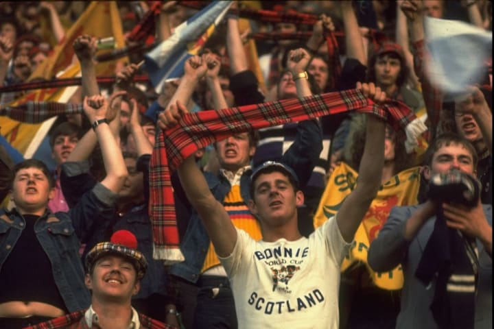 Scottish supporters sing and support Scotland during a World Cup match in Argentina