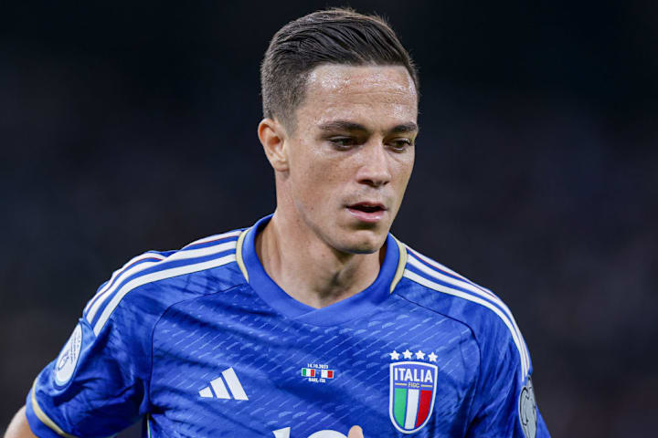 Italian's forward Giacomo Raspadori looks during the Euro...