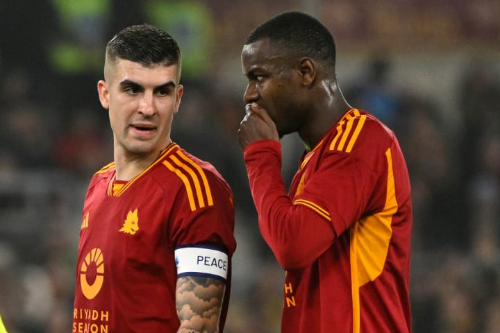 Gianluca Mancini and Evan N'Dicka of AS Roma during the...