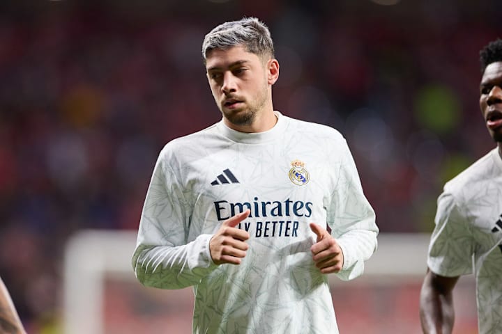 Federico Valverde of Real Madrid CF warms up prior to the...