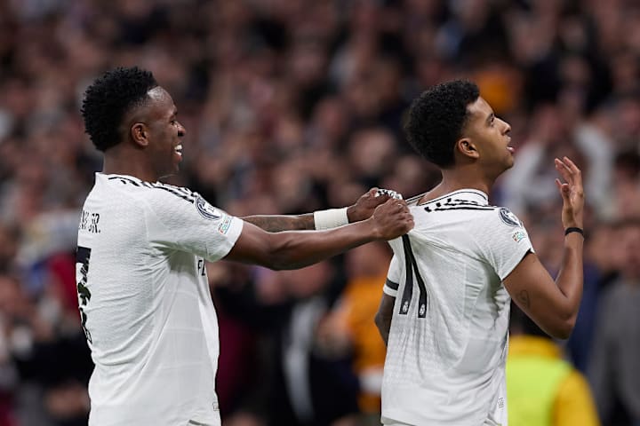 Vinicius Junior (L) of Real Madrid CF and Rodrygo Goes (R)...