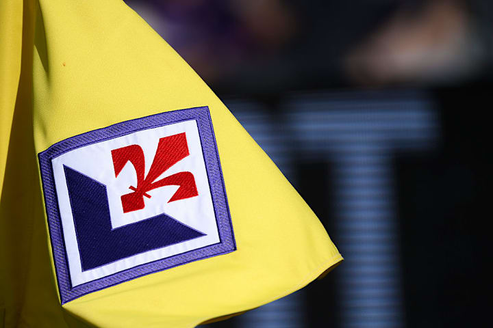 Fiorentina crest is seen on a corner flag during the Serie A...