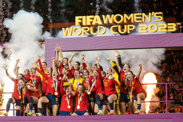Spain team celebrates after winning the Women's World Cup...