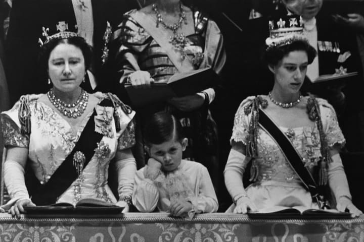 Queen Mother, King Charles, and Queen Elizabeth II at Elizabeth's coronation