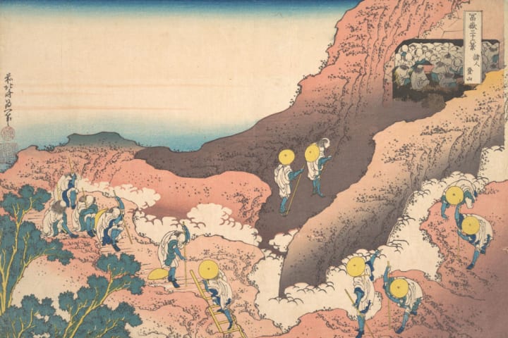 1840s depiction of people climbing Mount Fuji