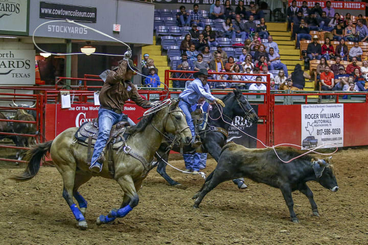A rodeo competition still draws the cowboys.