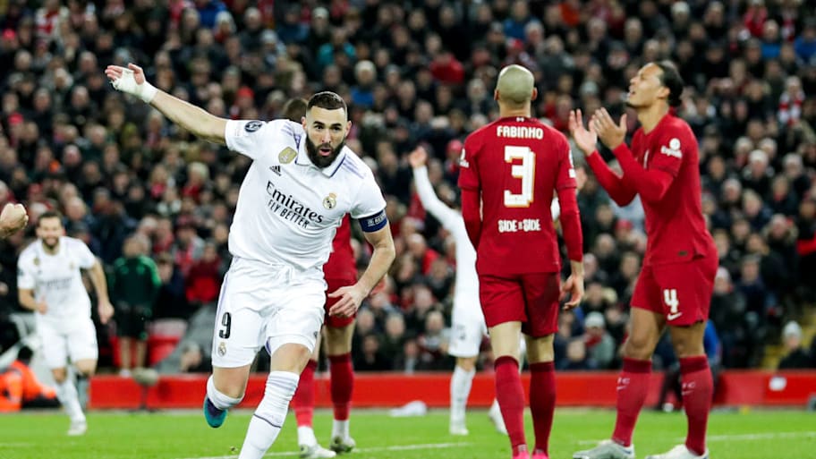 Karim Benzema celebrates at Anfield