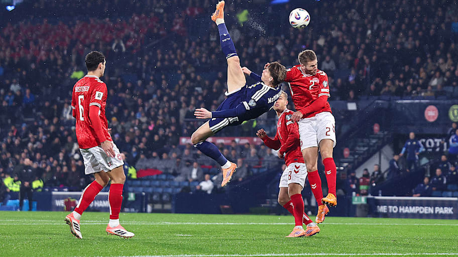 Scott McTominay scores against Denmark.