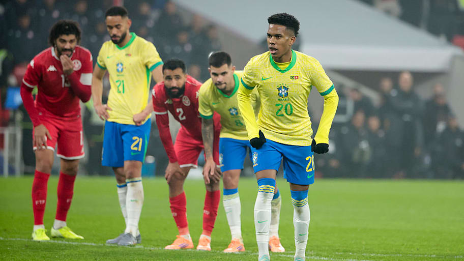 Estêvão takes a penalty for Brazil vs. Tunisia.