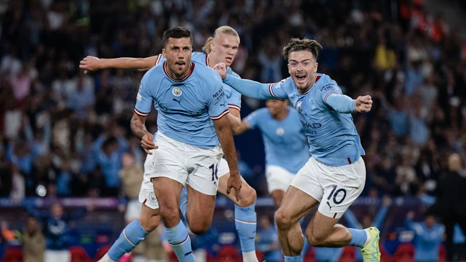 Man City celebrate winning Champions League final goal in 2023.