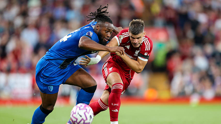 Man City forward Antoine Semenyo, Liverpool defender Milos Kerkez