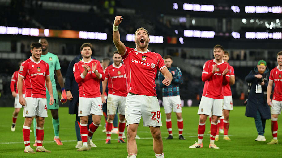 Sam Smith celebrates a Wrexham goal.